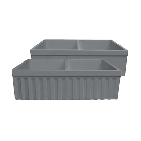 Whitehaus Rvrsbl Matte Dbl Bowl Kitchen Sink W/ Fluted 2" Lip Front Apron On One WHQDB332-M-CEMENT